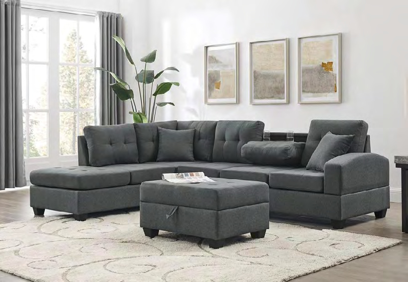 9910GRAY Gray Sectional Sofa with Chaise & Storage