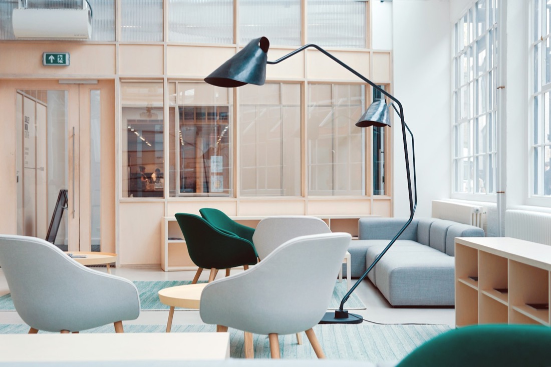 Furniture showroom display with modern seating